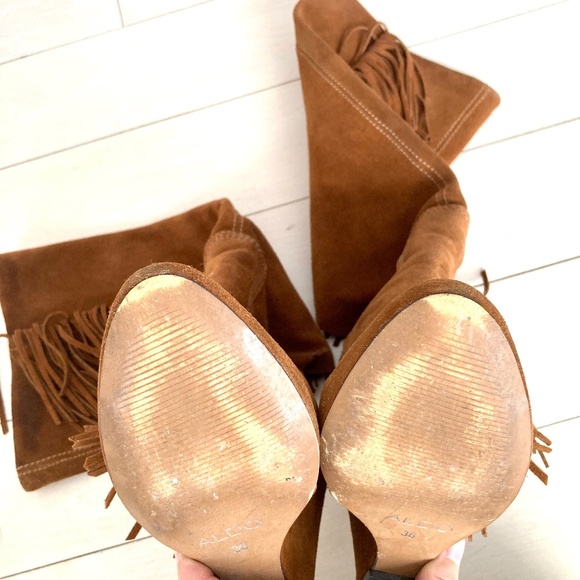 ALDO Fringe Wedge Boots - Cognac Brown Faux Suede - Size 36 - Picture 9 of 14